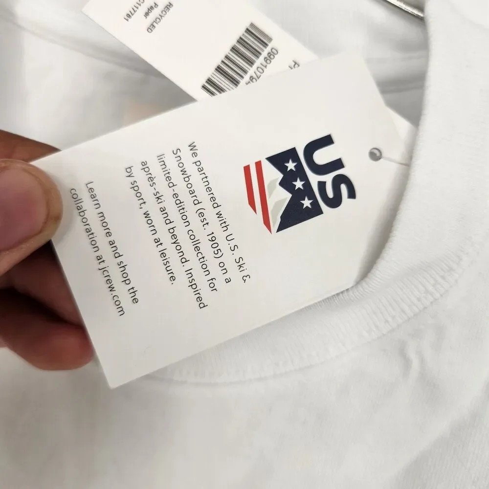 NWT J Crew Men's Small White U.S Ski Long Sleeve Graphic Tee Premium Weight